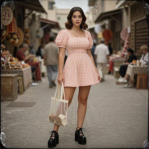 Photograph of a young woman with wavy brown hair in a pink and white gingham dress, black platform shoes, and plastic bag, standing in