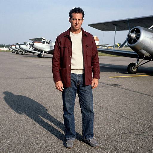 Photograph of a middle-aged man with short dark hair, wearing a maroon jacket, white shirt, blue jeans, and gray shoes, standing on