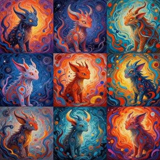Vibrant digital art of nine mythical, fire and water-themed creatures, each in a colorful, swirling, abstract background. Bright oranges, blues,