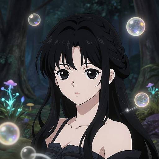 Digital anime-style portrait of a pale-skinned, black-haired girl with large black eyes, surrounded by glowing bubbles in a dark, enchanted forest with glowing