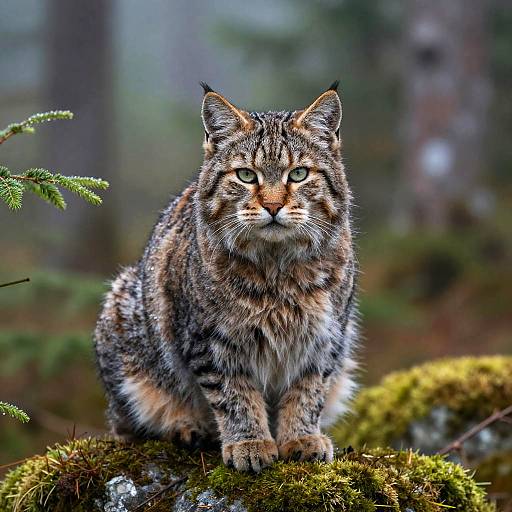 Photograph of a regal, brown and black tabby lynx with piercing green eyes, standing alert on a moss-covered log in a misty