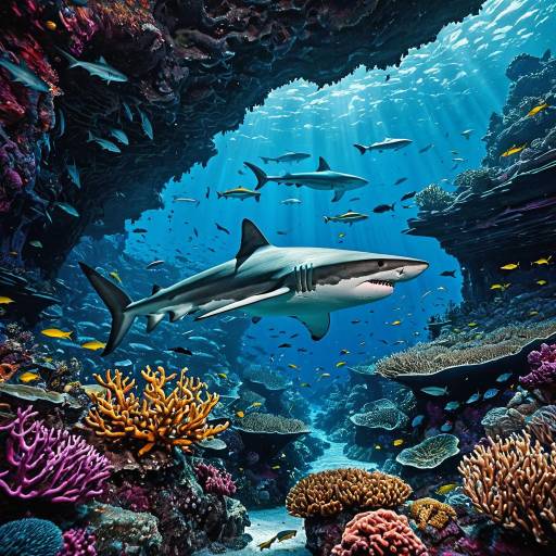 Shark Swimming Through Vibrant Coral Reef Cavern