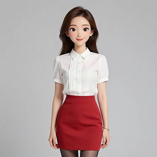 Digital illustration of an Asian woman with long brown hair, wearing a white blouse and red skirt, standing against a plain light blue background.
