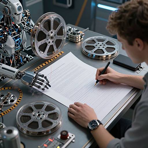 Photograph of a curly-haired man writing on lined paper at a futuristic workstation with robotic arms, film reels, and control panels.