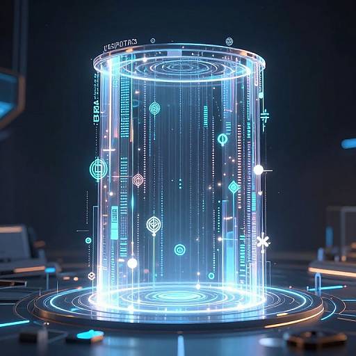 Digital CGI image of a glowing, translucent cylindrical container filled with neon blue technical symbols and patterns, set against a dark, futuristic background.