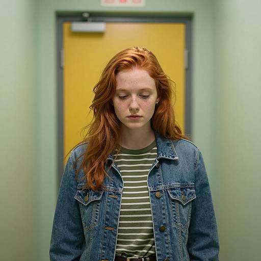 Young Woman in Hallway with Green Walls