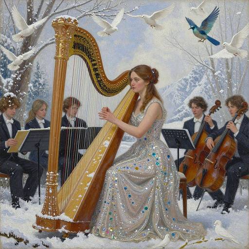 Elegant Woman with Harp in Snow