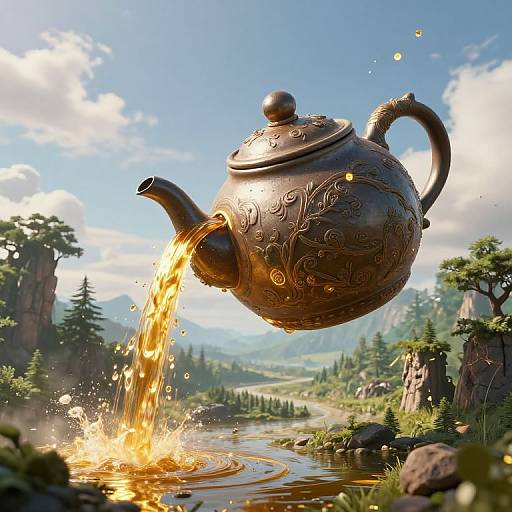 A detailed, digital illustration of a bronze, ornate teapot mid-air, pouring golden tea into a serene mountain river, surrounded by lush greenery
