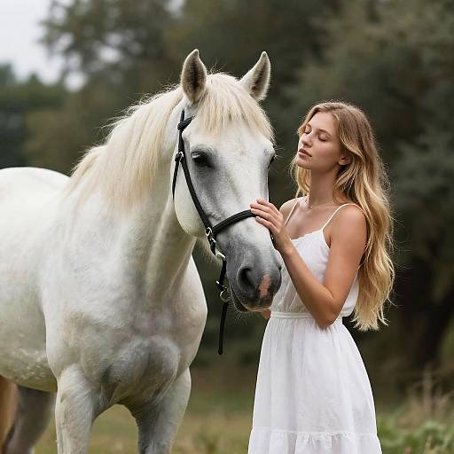 Blonde Woman with White Horse Outdoors