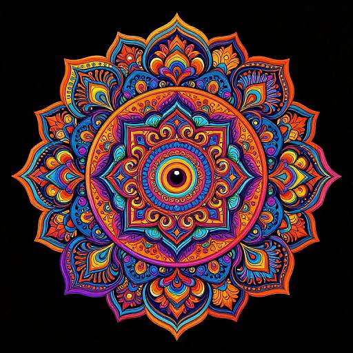 Vibrant neon mandala with intricate orange, blue, and purple patterns radiating from a central eye-like design on a black background. Digital art