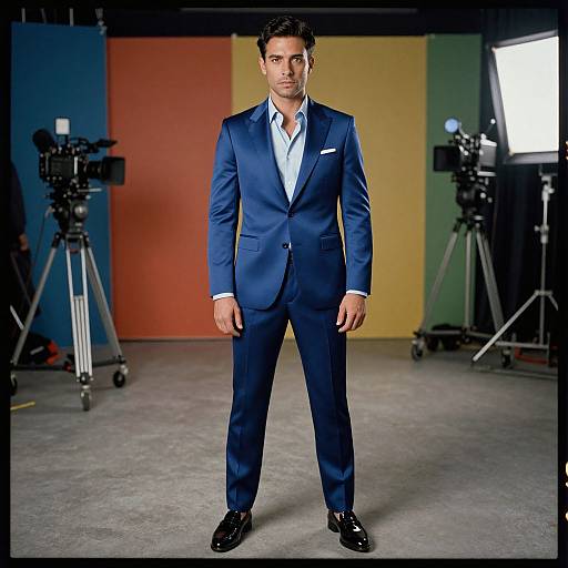 Photograph of a handsome man in a sharp, navy blue suit, light blue shirt, and black shoes, standing confidently in front of colorful walls and