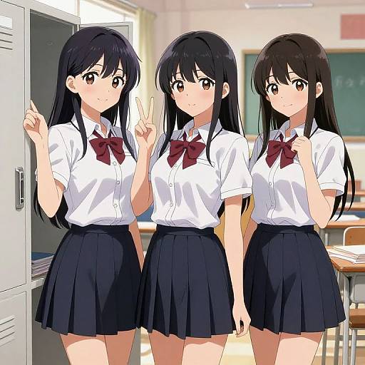 Digital anime-style drawing of three identical Japanese high school girls with long black hair, white shirts, red bows, and navy skirts, standing in a brightly