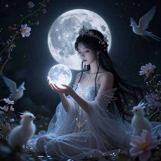 Digital fantasy artwork of a fair-skinned, dark-haired woman in a glowing white dress holding a luminous moon, surrounded by white birds and flowers under