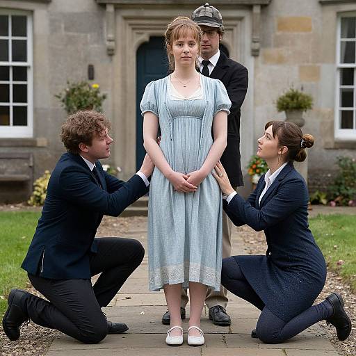 Photograph of a young girl in a light blue dress, flanked by two men and one woman in black suits, kneeling in front of a stone