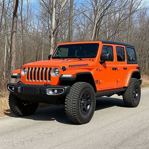 Orange Jeep Wrangler Unlimited Rubicon on Rural Road