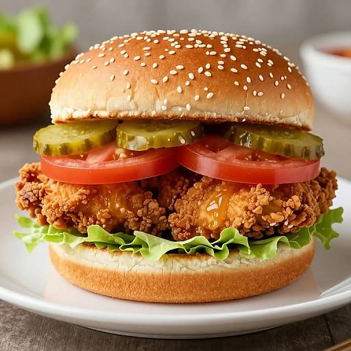Photograph of a juicy, crispy chicken burger with sesame seed bun, lettuce, tomato slices, pickles, and crumbled meat on a white plate
