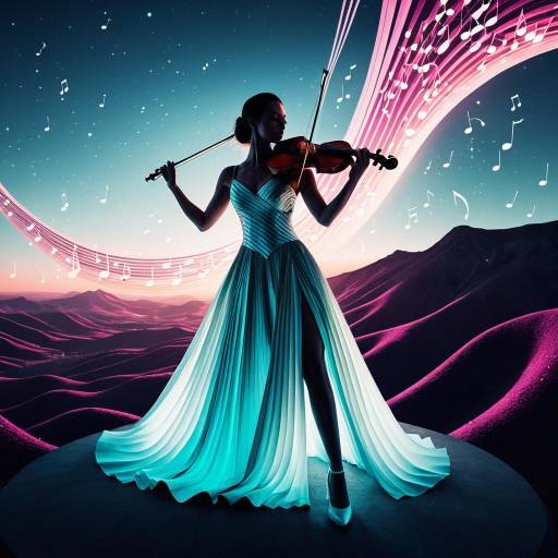 Elegant Violinist in Luminous Dress with Glowing Musical Notes Elegant Violinist in Luminous Dress with Glowing Musical Notes