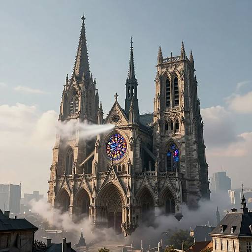 Photograph of a Gothic-style cathedral with intricate spires, large colorful rose window, and mist swirling around its base, set against a clear blue sky