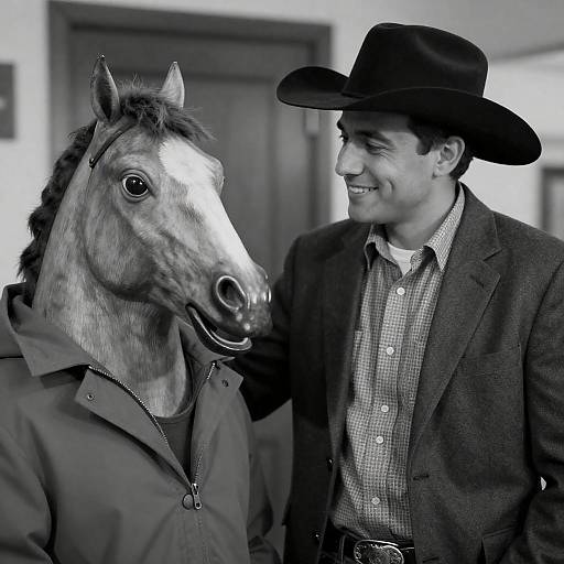 Man in Cowboy Hat Smiling at Person with Horse Mask