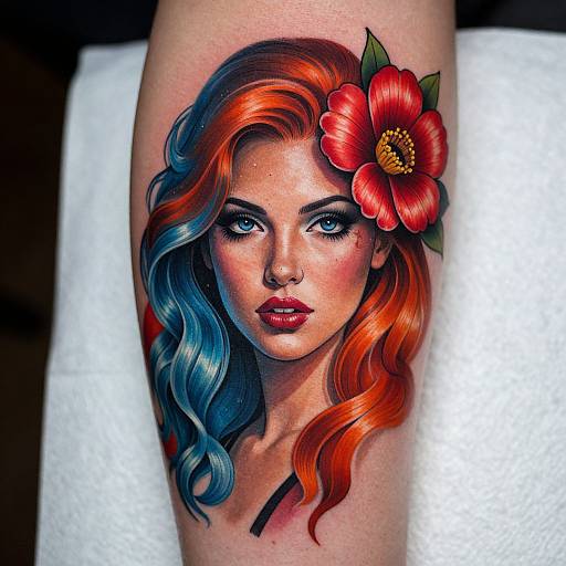 Vibrant tattoo of a woman with red-orange and blue wavy hair, a red flower in her hair, and piercing blue eyes, on a