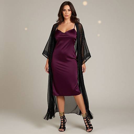 Photograph of a woman with dark hair, wearing a purple satin dress, black sheer lace kimono, and black strappy sandals, standing against a