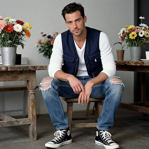 Photograph of a handsome, bearded man with short dark hair, wearing a white long-sleeve shirt, black vest, ripped jeans, and