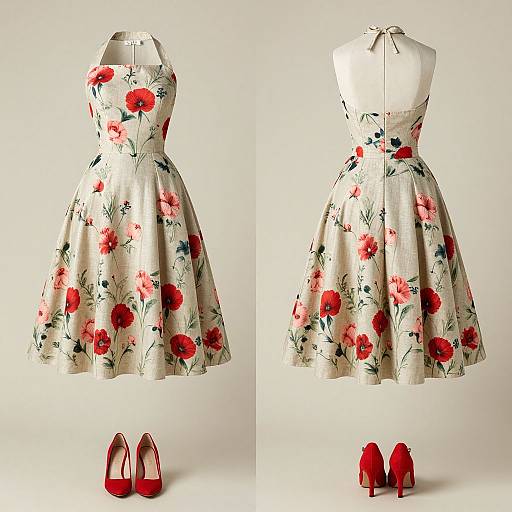 Photograph of a vintage-style, sleeveless, floral-printed dress with red and pink flowers, displayed front and back, paired with red high heels