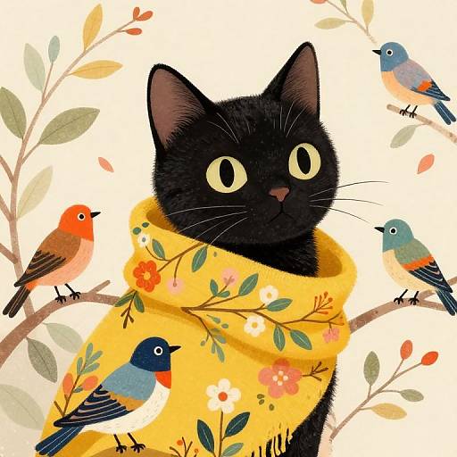 Black Cat in Floral Scarf with Colorful Birds