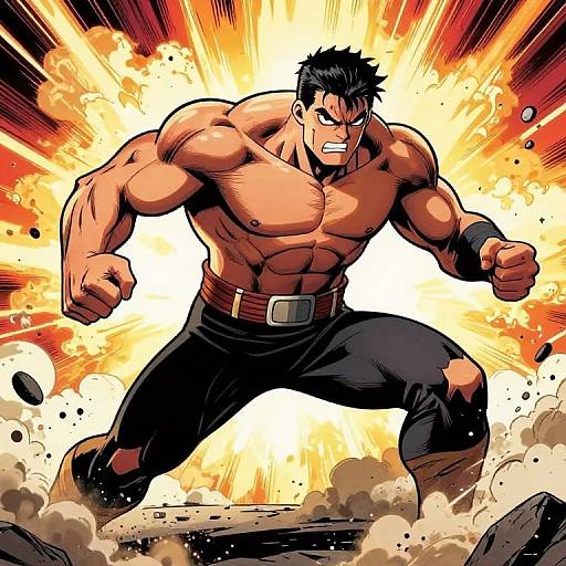 Muscular Comic Hero in Explosive Battle Scene