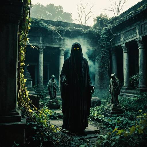 Ethereal Smoke Spirit in Overgrown Temple Courtyard