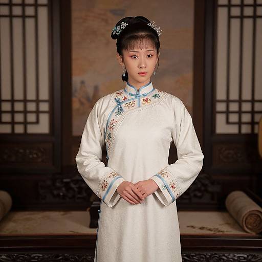 Photograph of an East Asian woman in a white silk cheongsam with blue floral embroidery, black hair in buns, standing in a traditional Japanese