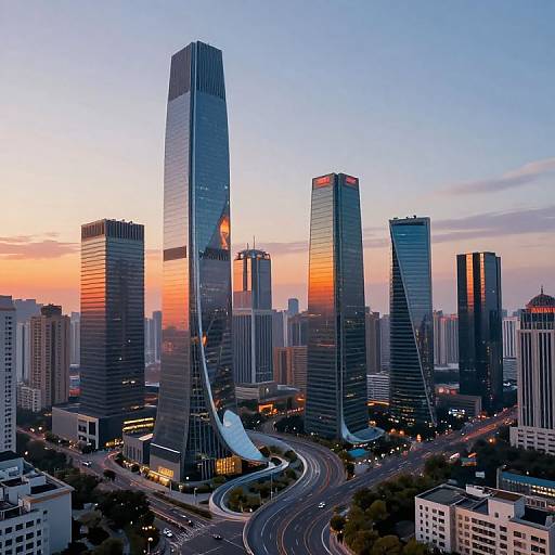 Photograph of a modern cityscape at sunset, featuring tall, reflective skyscrapers with orange and pink reflections, surrounded by highways and lower buildings.
