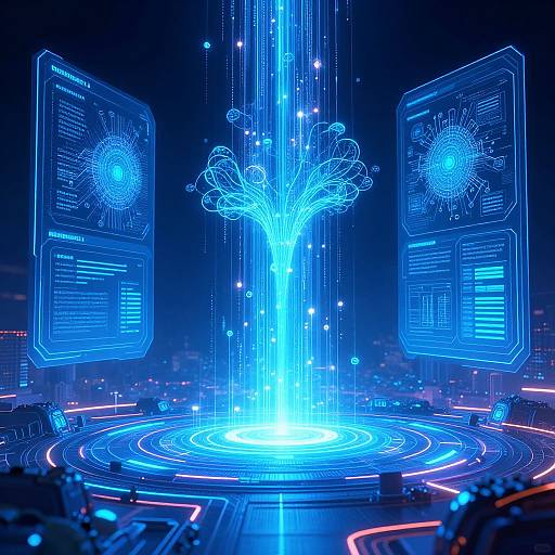 Digital artwork of a glowing blue energy tree erupting from a neon-lit circular platform, surrounded by holographic panels in a dark, futuristic cityscape