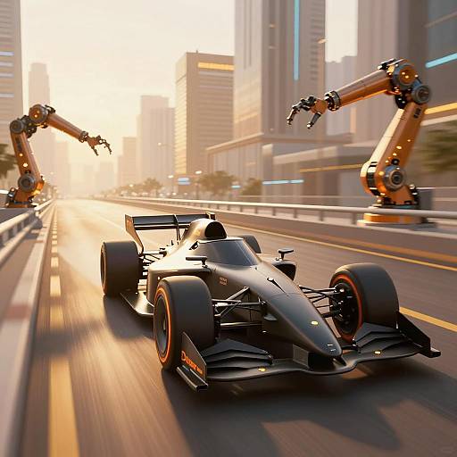 Futuristic Race Car on Urban Golden Road