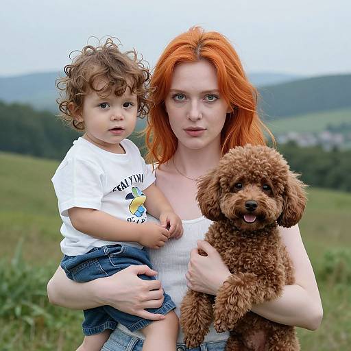 Photograph of a fair-skinned woman with red hair, holding a curly-haired toddler in a white shirt and denim shorts, and a brown poodle