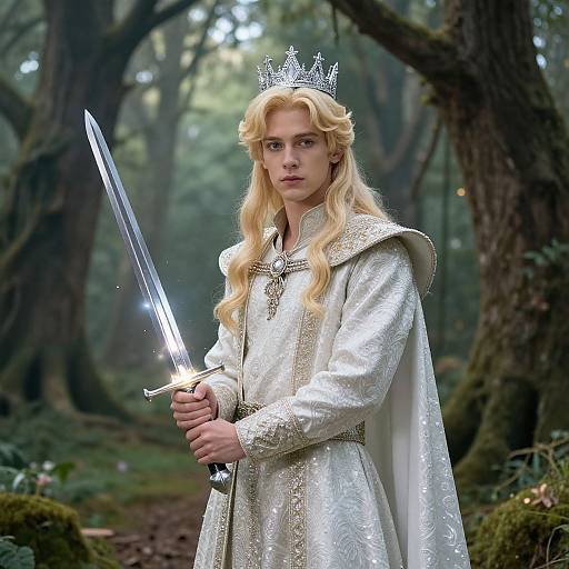 Photorealistic image of a blonde, fair-skinned young person with a silver crown, holding a glowing sword, wearing an ornate silver robe,