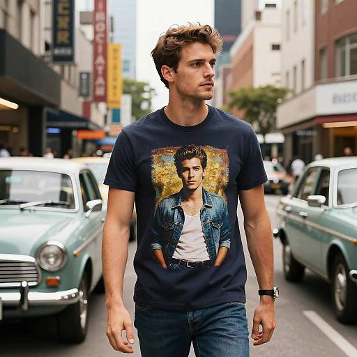 Photograph of a handsome young man with short brown hair, wearing a navy t-shirt with a denim-jacket graphic, blue jeans, standing on a