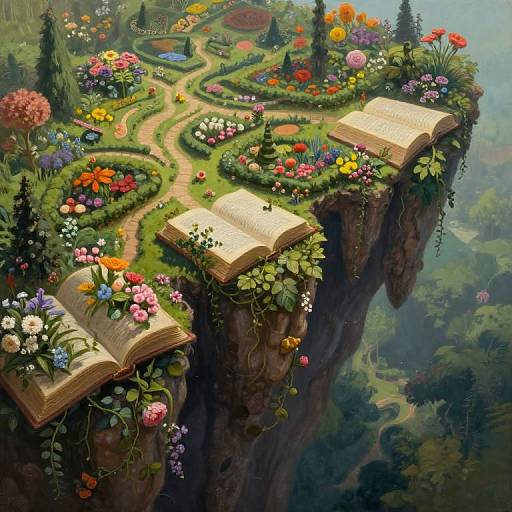 Fantastical digital painting of two open books floating on a cliff, surrounded by vibrant, winding flower-filled gardens, overlooking a lush, forested valley