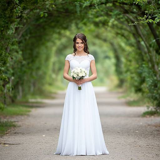 Photograph of a smiling woman with dark hair, wearing a white lace wedding dress, holding a bouquet of white roses, standing in a green, tree