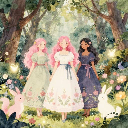 Digital anime-style illustration of three girls with long hair, wearing pastel and dark dresses, walking in a sunlit, flower-filled forest with glowing butterflies