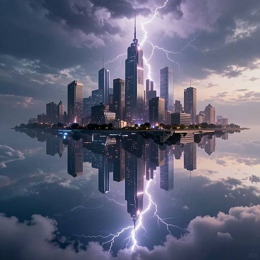 Photorealistic digital artwork of a lightning-struck, mirrored skyscraper cityscape floating in the clouds, with dramatic, electric blue lightning bolts illuminating