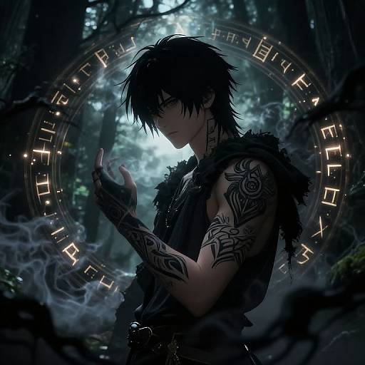 Digital artwork of a tattooed, dark-haired man in a forest, casting a spell with glowing runes encircling him, surrounded by mist and eth