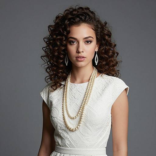 Photograph of a young woman with curly brown hair, wearing a white lace dress, pearl necklace, and diamond earrings, against a gray background.