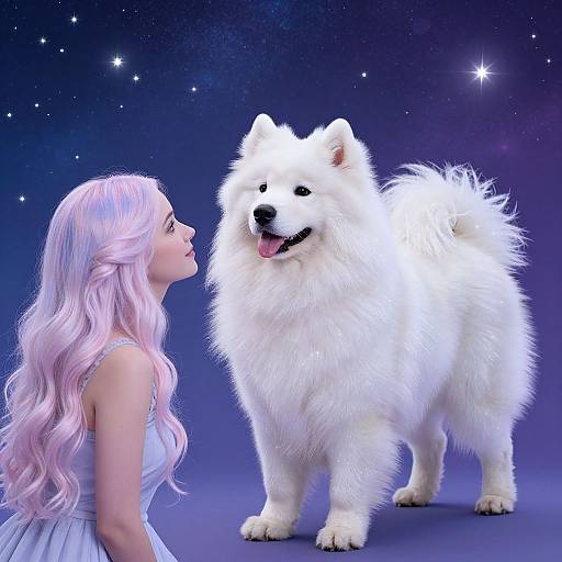 Digital art: Blonde woman with long pink hair in white dress, gazes at large, fluffy white dog with pink tongue, against starry night background