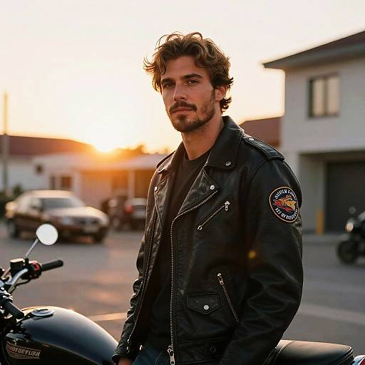 Photograph of a handsome, bearded man with curly brown hair, wearing a black leather jacket, standing beside a motorcycle at sunset in a suburban street