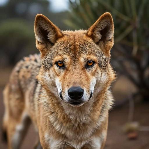 Photograph of a focused, tan-furred, brown-eyed wild dog with pointed ears and black nose, standing in a blurred, natural outdoor background.