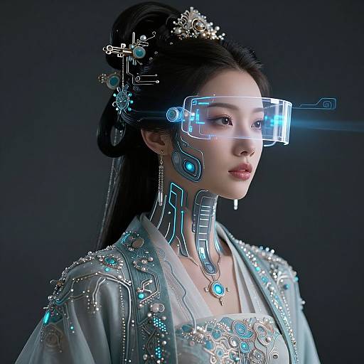 Cyberpunk Asian woman with glowing tech visor, intricate jewelry, and ornate blue-tinged robe, against dark background. Digital art style