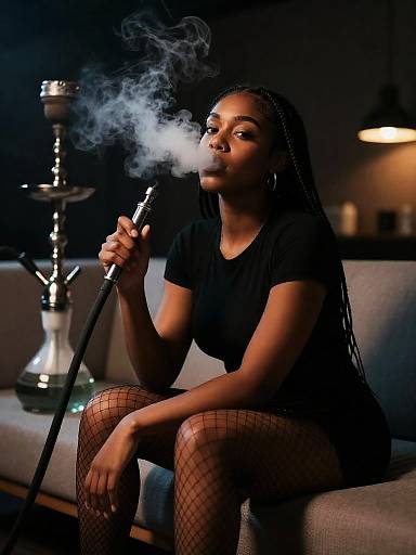 Woman Smoking Shisha in Moody Interior
