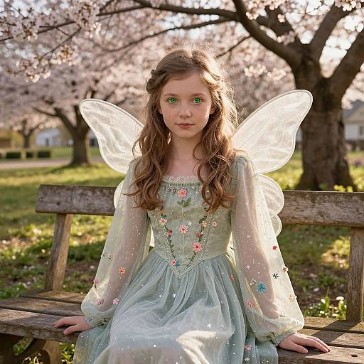Photograph of a young girl with green eyes, long brown hair, fairy wings, and a green floral dress, sitting on a wooden bench in a