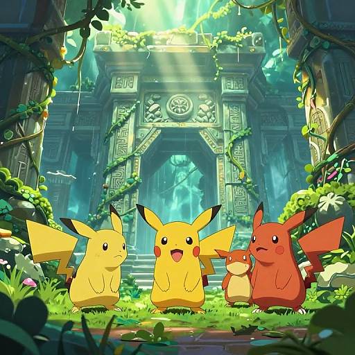 Digital art of Pikachu, Raichu, and a smaller Raichu in front of a sunlit, ancient, vine-covered stone temple. Bright